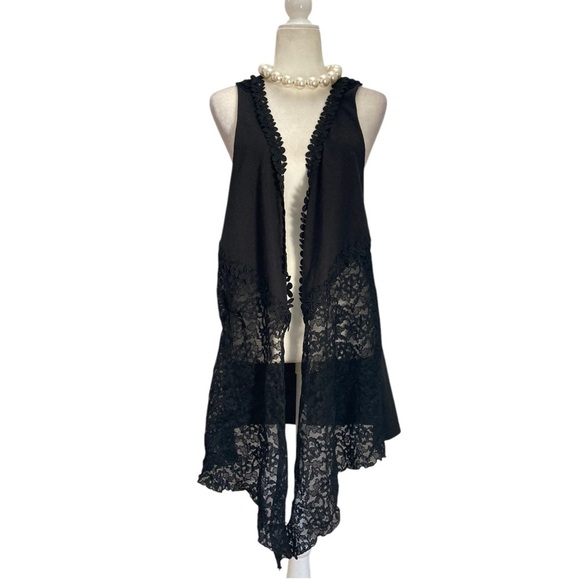 Anna Sui Embroidered Longline Vest Open Front Cotton Black Floral Lace Accents - Picture 1 of 8